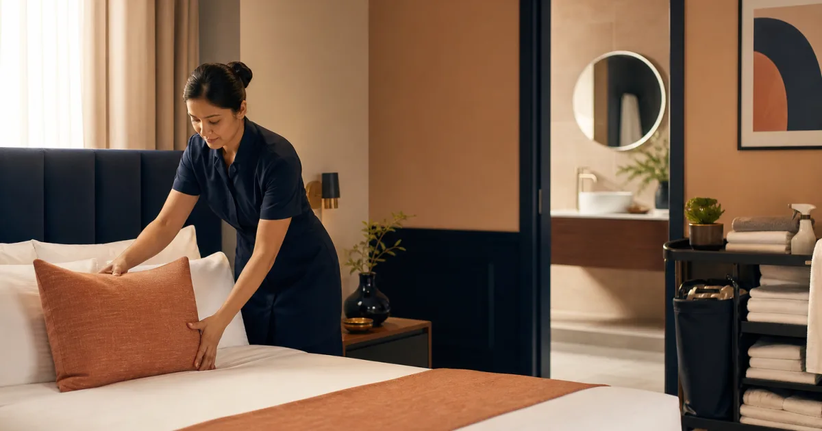 Housekeeping team using a room turnover checklist after guest departures