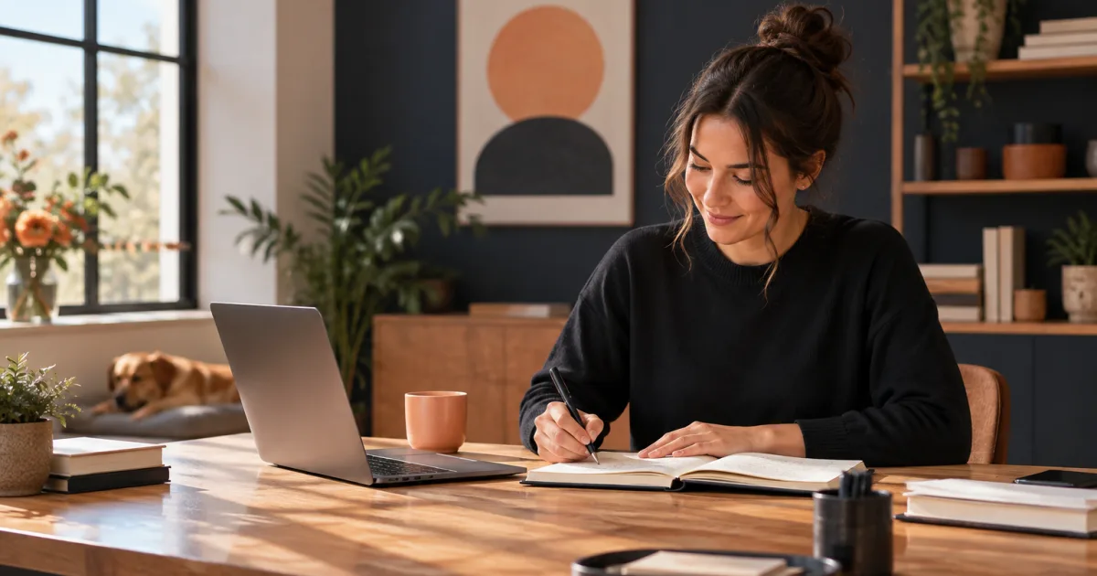 Une responsable de petite entreprise de services examine les rendez-vous, les heures de l’équipe et les factures en fin de mois