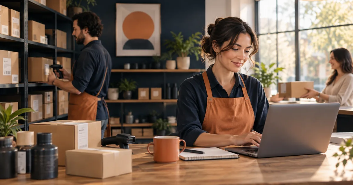 Flujo de trabajo para pequeñas empresas que conecta compras a proveedores, registros de inventario, presupuestos y facturas a clientes