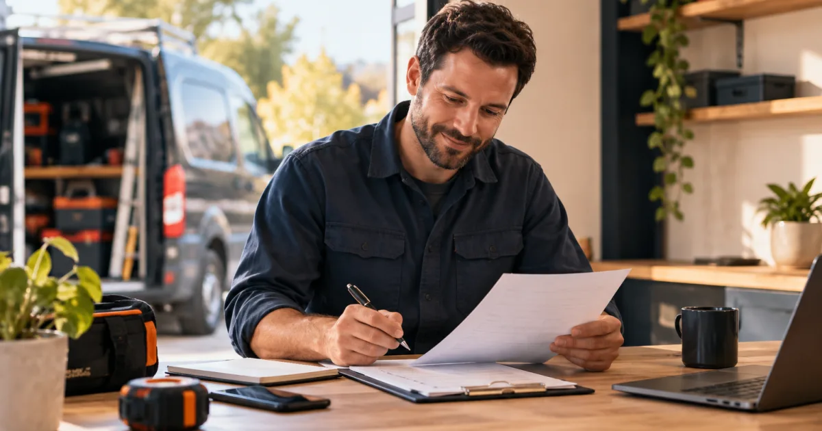 Small service business owner reviewing a completed appointment before preparing an invoice