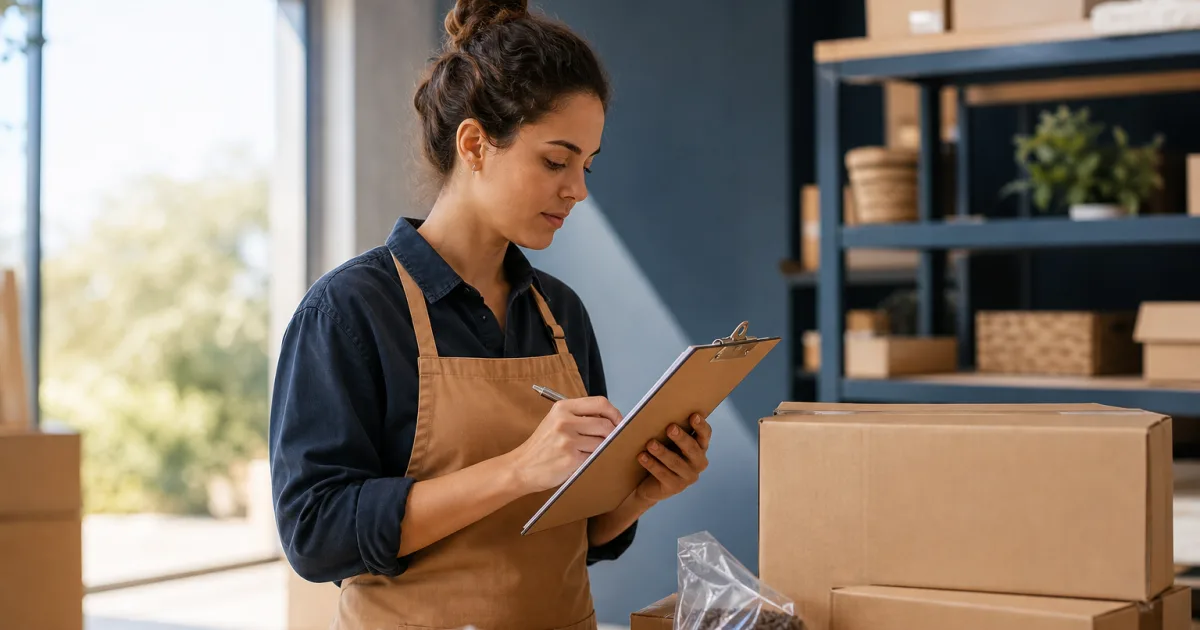 Staff member checking a supplier delivery against a stock receiving checklist
