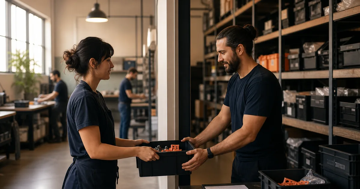 Retail worker moving stock from a stockroom to a shop floor display