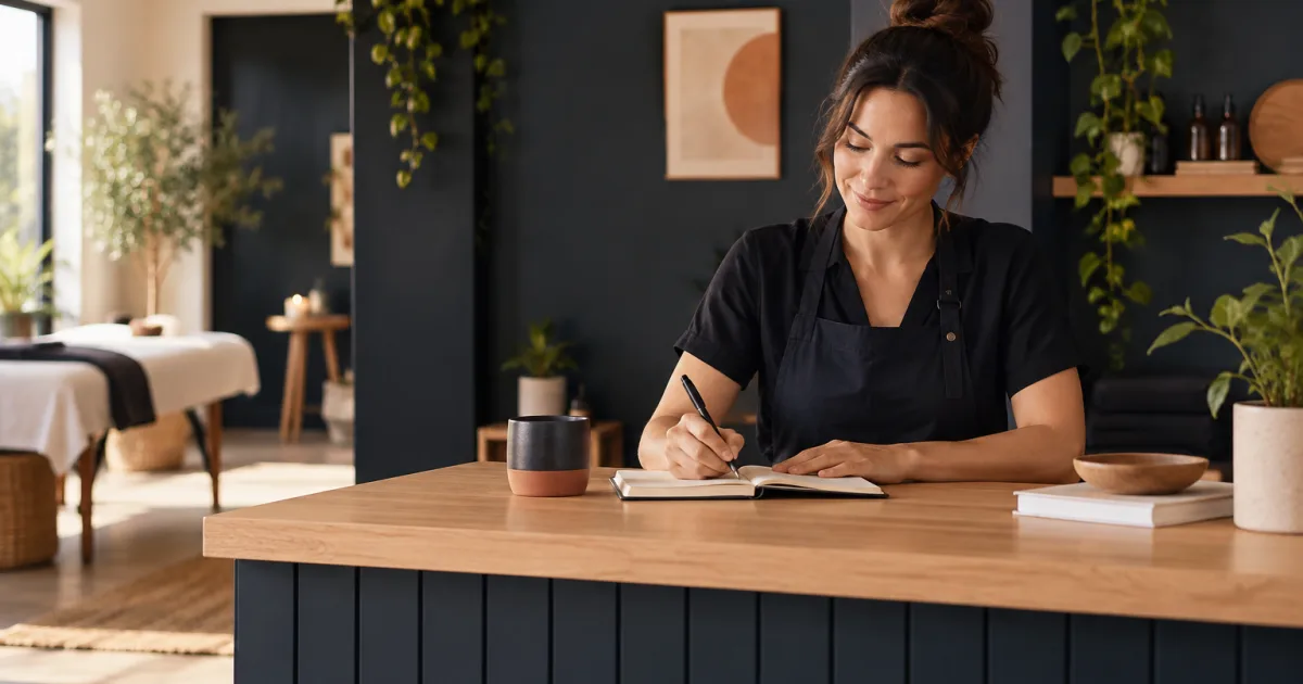 Small business owner reviewing an appointment booking and noting relevant customer details and a next action