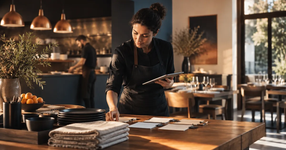 Restaurant manager reviewing upcoming reservations and a pre-service task list