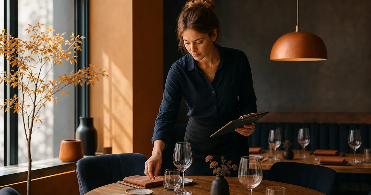 Restaurantleitung prüft Reservierungen und eine Checkliste vor dem Service