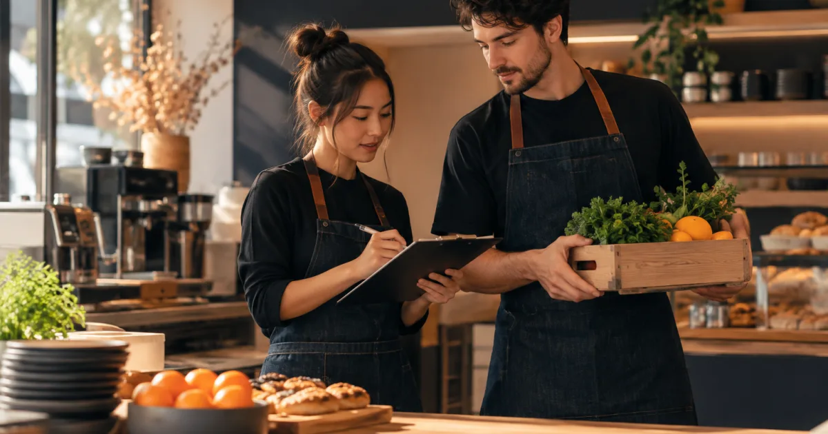 Café staff checking stock and updating dish availability on a QR menu