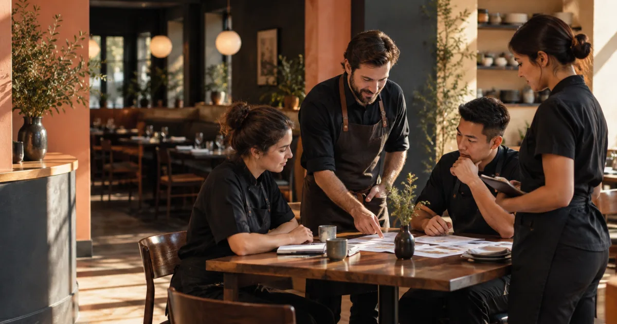 Restaurant team checking a QR menu and reservation availability before service