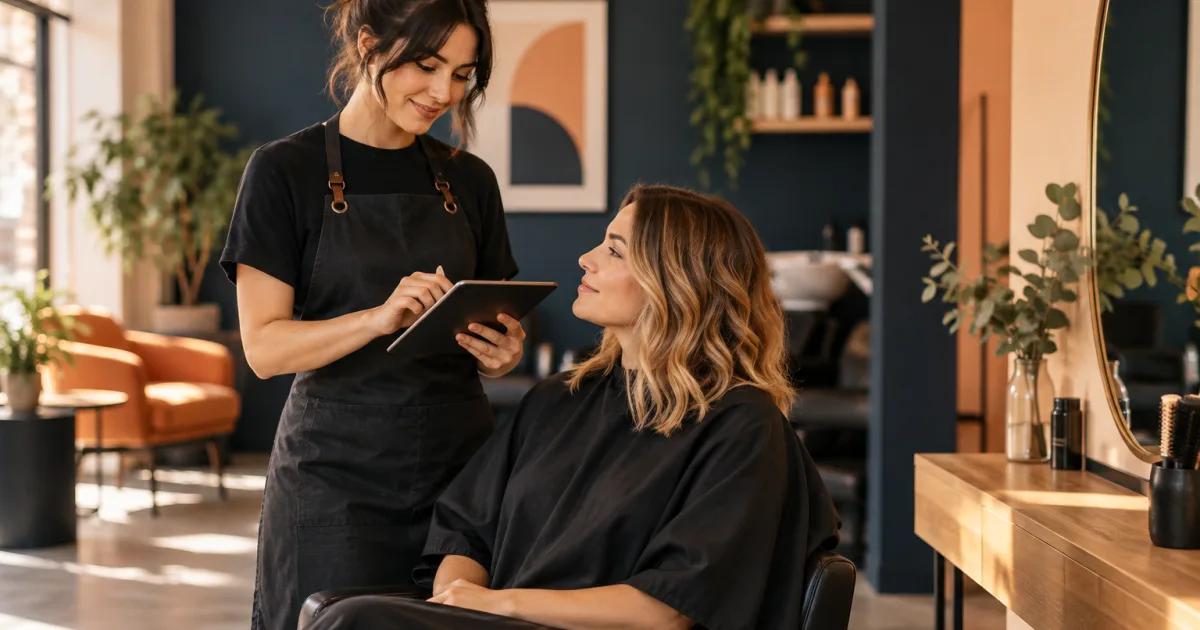 Salon owner reviewing client notes before a returning customer's appointment