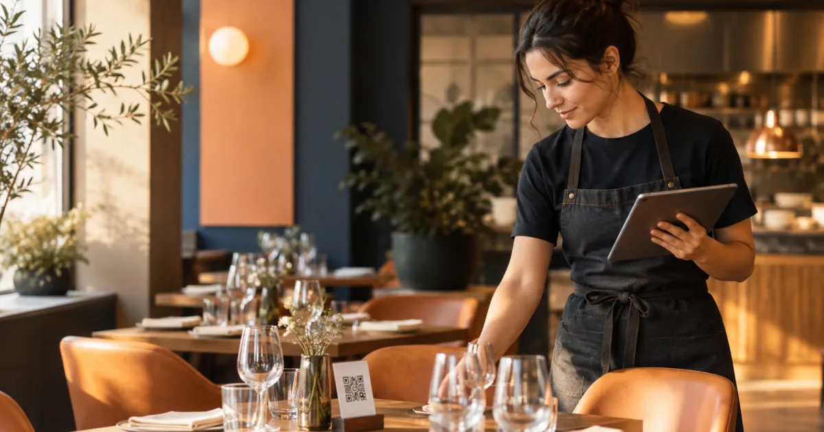 Des membres du personnel vérifient le menu QR et les réservations de tables avant le service
